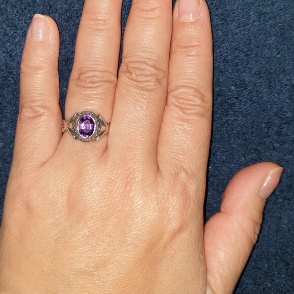 Vintage 9x 6mm Natural Amethyst 925 Sterling Silver Art Nouveau Ring - Picture 8 of 11